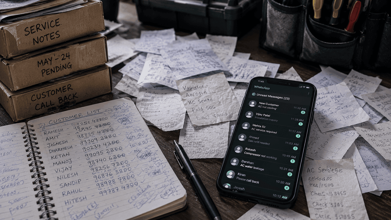 AC technician with scattered paper notes and notebooks showing disorganized customer management