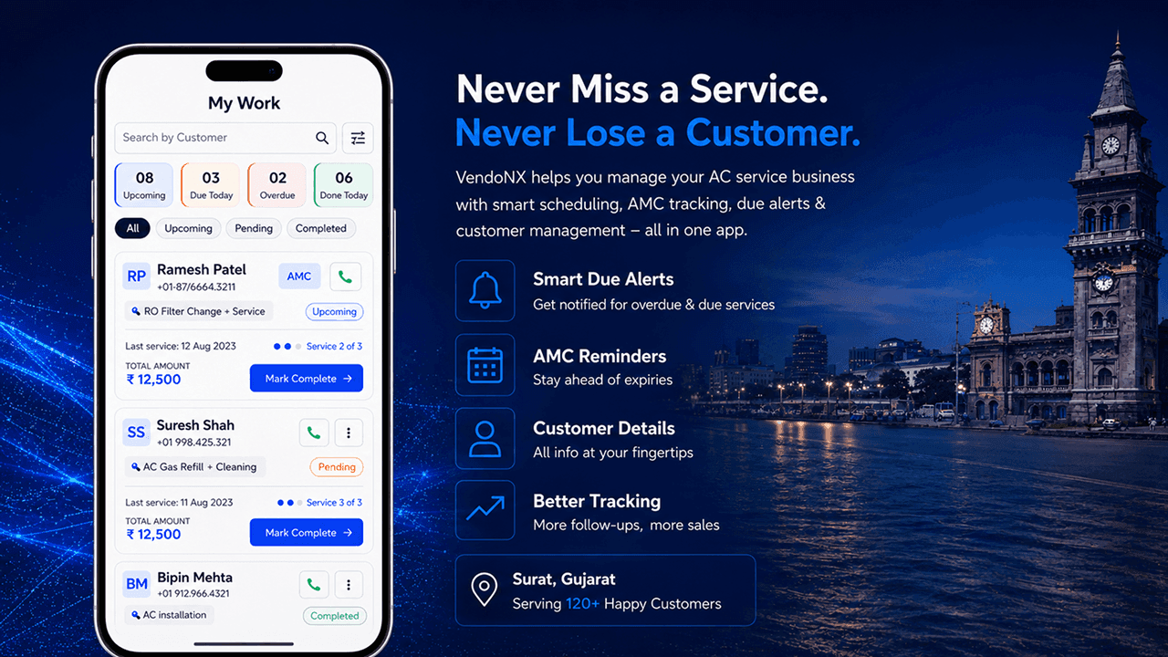 VendoNX app Due Services tab showing overdue AC service customer list for technician in Surat