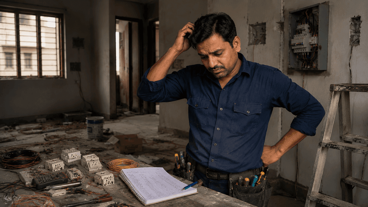 Electrician with rough paper notes and no invoice system representing billing and payment tracking problem in India