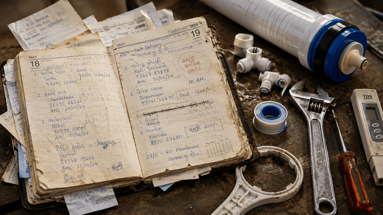 RO technician paper diary with handwritten service records and loose notes representing manual business management
