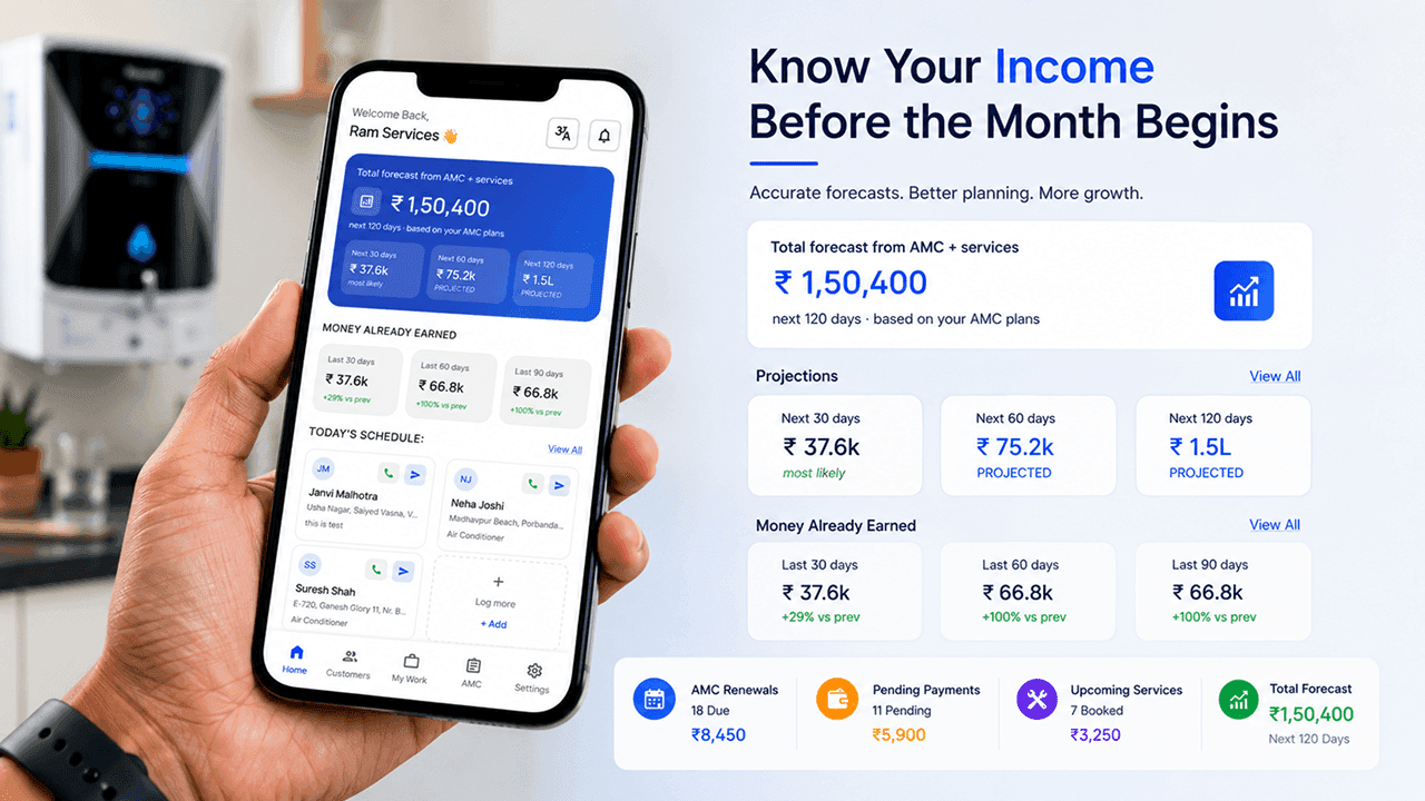 VendoNX mobile app income forecast dashboard showing 30-day projected earnings for RO service technician
